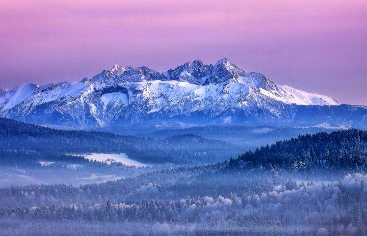 nature, Landscape, Mountain, Winter, Pink, Sky, Forest, Mist, Snow, Slovakia HD Wallpaper Desktop Background