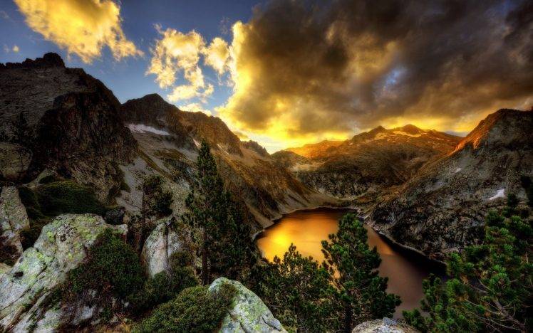 nature, Landscape, Mountain, Lake, Sunset, Trees, Clouds, Sky, France, Shrubs HD Wallpaper Desktop Background