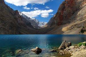 nature, Landscape, Lake, Mountain, Snow, Clouds, Blue, Water, Tajikistan
