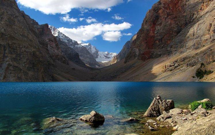 nature, Landscape, Lake, Mountain, Snow, Clouds, Blue, Water, Tajikistan HD Wallpaper Desktop Background