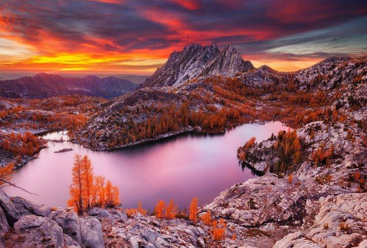 nature, Landscape, Lake, Mountain, Sunset, Fall, Forest, Water, Sky, Clouds HD Wallpaper Desktop Background