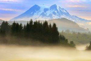 nature, Landscape, Mountain, Mist, Snowy Peak, Mount Rainier, Forest, Sunrise, Trees, Clouds