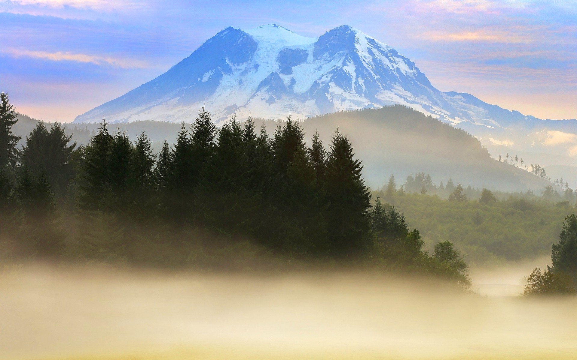 nature, Landscape, Mountain, Mist, Snowy Peak, Mount Rainier, Forest, Sunrise, Trees, Clouds Wallpaper