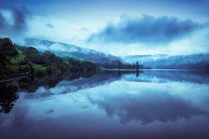 nature, Landscape, Lake, Trees, Mountain, Mist, Blue, Water, Reflection, Clouds, Sunrise, Morning, Wales