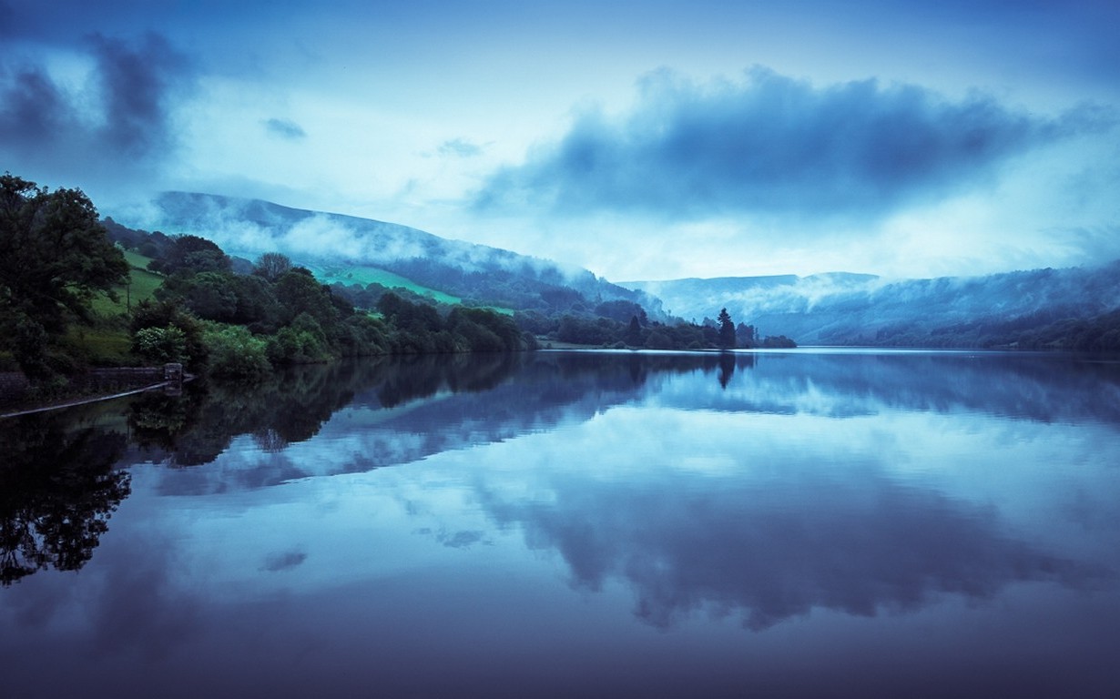 nature, Landscape, Lake, Trees, Mountain, Mist, Blue, Water, Reflection, Clouds, Sunrise, Morning, Wales Wallpaper