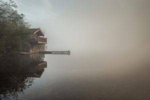 nature, Landscape, Lake, Mist, Boathouses, Trees, England, Water, Reflection, Morning, Calm