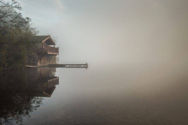 nature, Landscape, Lake, Mist, Boathouses, Trees, England, Water, Reflection, Morning, Calm HD Wallpaper Desktop Background