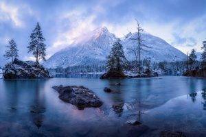 nature, Landscape, Winter, Sunrise, Lake, Island, Trees, Snow, Cold, Frost, Forest, Clouds, Blue, Mountain