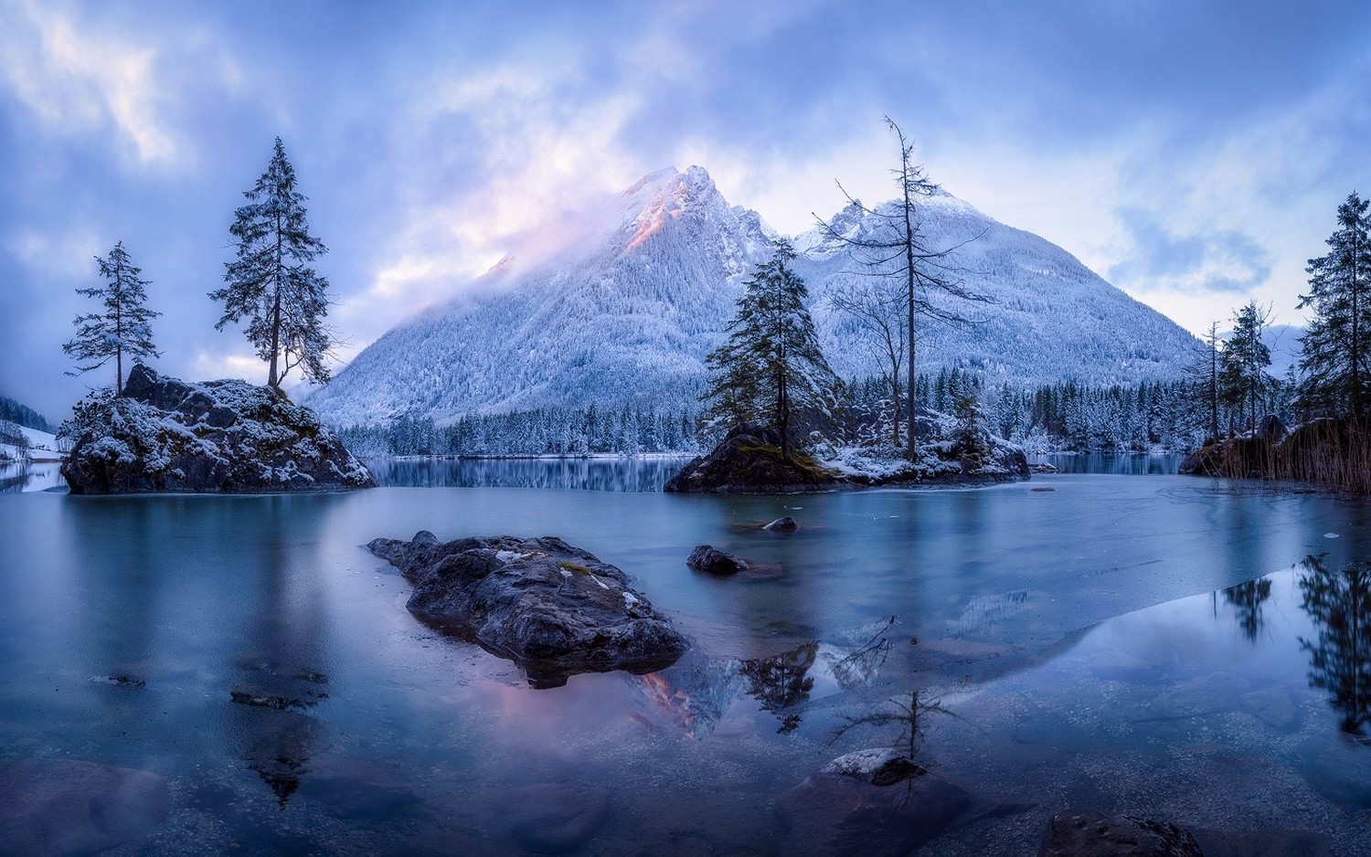 nature, Landscape, Winter, Sunrise, Lake, Island, Trees, Snow, Cold, Frost, Forest, Clouds, Blue, Mountain Wallpaper