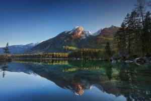 nature, Landscape, Lake, Germany, Forest, Water, Reflection, Snowy Peak, Trees, Blue, Sky, Morning, Mountain