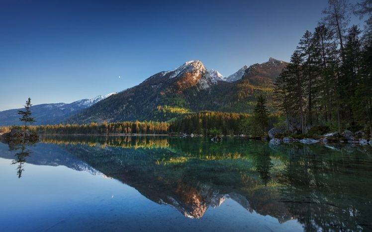 nature, Landscape, Lake, Germany, Forest, Water, Reflection, Snowy Peak, Trees, Blue, Sky, Morning, Mountain HD Wallpaper Desktop Background