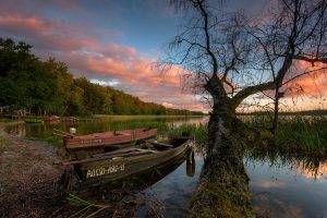 nature, Landscape, Trees, Boat, Calm, Forest, Lake, Dock, Sunset, Reeds, Water, Clouds