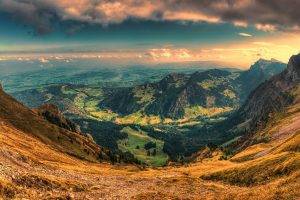 sunset, Valley, Panoramas, Switzerland, Nature, Mountain, Clouds, Landscape, Forest, Sky, Grass