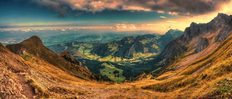 sunset, Valley, Panoramas, Switzerland, Nature, Mountain, Clouds, Landscape, Forest, Sky, Grass HD Wallpaper Desktop Background