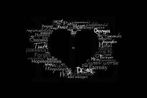 typography, Quote, Black Background, Word Clouds, Hearts