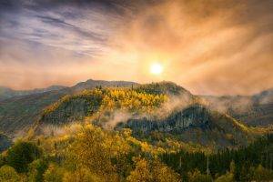 nature, Landscape, Mountain, Sunset, Forest, Fall, Clouds, Sky