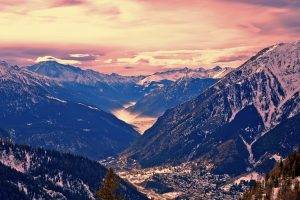 nature, Landscape, Mountain, Forest, Fall, Snow, Clouds, Valley, Mist, Trees, Sunset, Italy