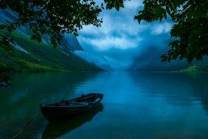 nature, Landscape, Lake, Trees, Clouds, Mountain, Boat, Water, Grass, Blue, Norway