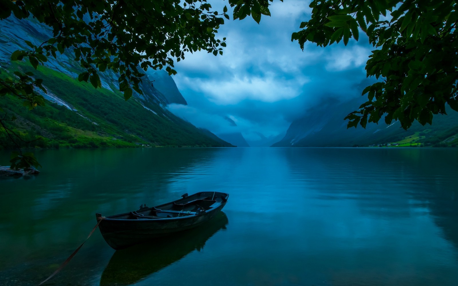 nature, Landscape, Lake, Trees, Clouds, Mountain, Boat, Water, Grass, Blue, Norway Wallpaper