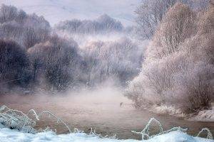 nature, Landscape, Winter, Mist, River, Trees, Birds, Snow, Frost, Forest, Sunrise, Cold, White