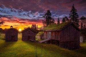 nature, Landscape, Sunset, Ancient, Cabin, Sky, Trees, Clouds, Grass