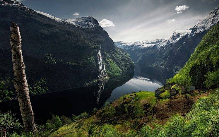 nature, Landscape, Fjord, Canyon, Mountain, Trees, Waterfall, Snowy Peak, House, Sun Rays, Geiranger HD Wallpaper Desktop Background