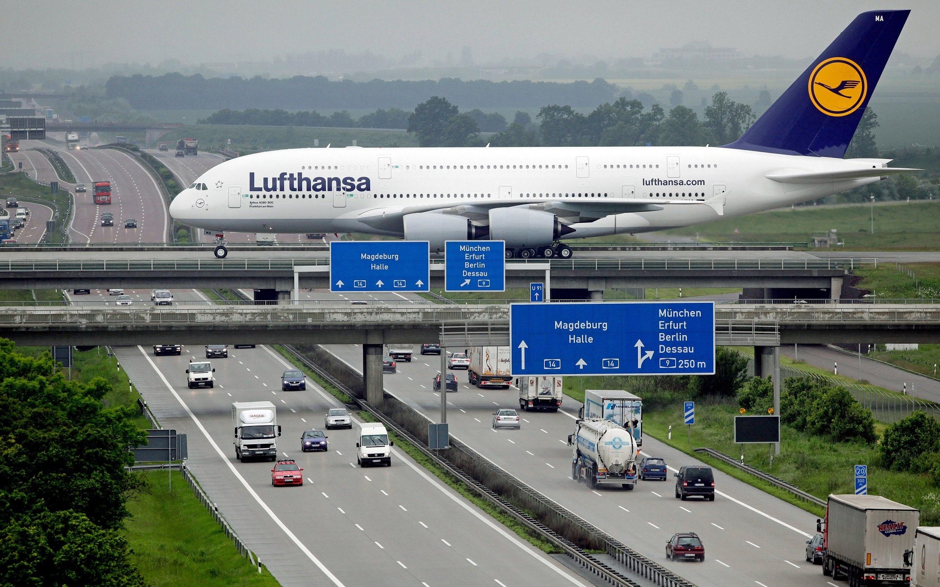 aircraft, Passenger Aircraft, Lufthansa, Airbus, A380, Road, Car, Germany, Leipzig Airport Wallpaper