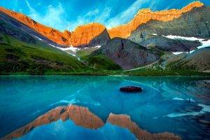 nature, Landscape, Glacier National Park, Montana, Lake, Mountain, Sunset, Turquoise, Water, Reflection, Grass, Snow