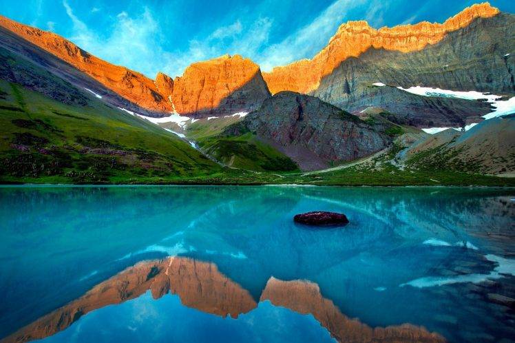 nature, Landscape, Glacier National Park, Montana, Lake, Mountain, Sunset, Turquoise, Water, Reflection, Grass, Snow HD Wallpaper Desktop Background