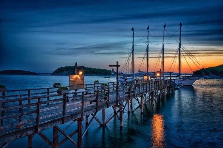 nature, Landscape, Sunset, Sailboats, Dock, Pier, Lights, Bar, Sea, Bay, Island, Blue, Water, Clouds HD Wallpaper Desktop Background