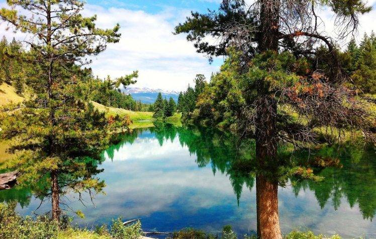 nature, Landscape, Lake, Trees, Grass, Clouds, Water, Reflection, Mountain HD Wallpaper Desktop Background