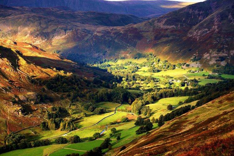 nature, Landscape, Mountain, Valley, Trees, Field, Village, Sunlight, England HD Wallpaper Desktop Background