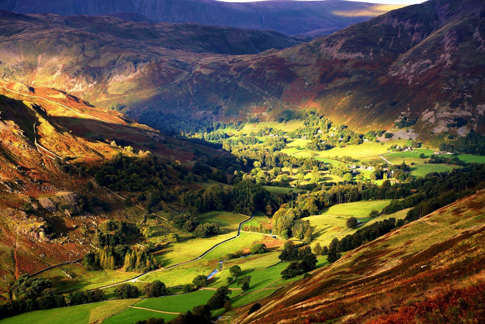 nature, Landscape, Mountain, Valley, Trees, Field, Village, Sunlight, England Wallpaper