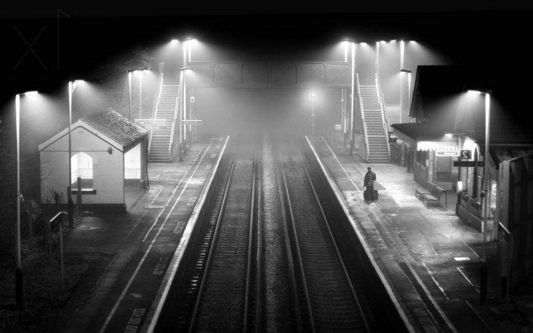landscape, Monochrome, Train Station, Railway, Night, Mist, Lights, Architecture, Alone HD Wallpaper Desktop Background