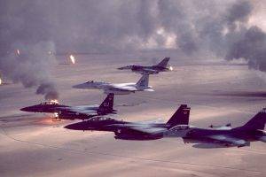 military, Military Aircraft, Jet Fighter, Operation Desert Storm, Kuwait, Gulf War, US Air Force, F 15 Strike Eagle, General Dynamics F 16 Fighting Falcon