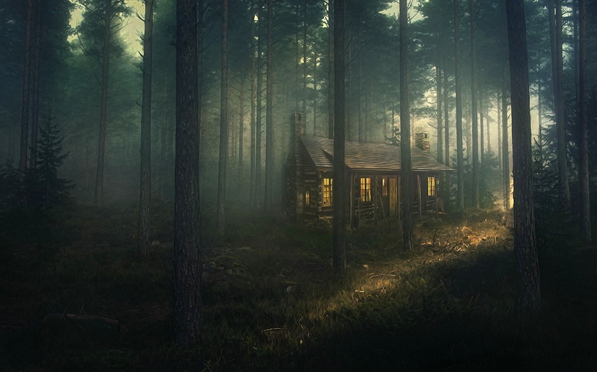 nature, Landscape, Forest, Mist, Grass, Sunset, Trees, Atmosphere, Painting, House Wallpaper