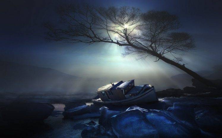 nature, Landscape, Moon, Trees, Mist, Boat, Ice, Night, Moonlight, Water, Blue HD Wallpaper Desktop Background