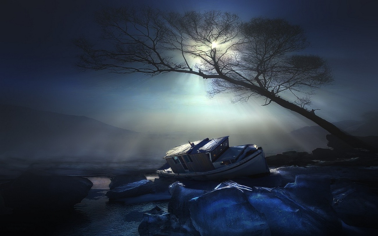 nature, Landscape, Moon, Trees, Mist, Boat, Ice, Night, Moonlight, Water, Blue Wallpaper