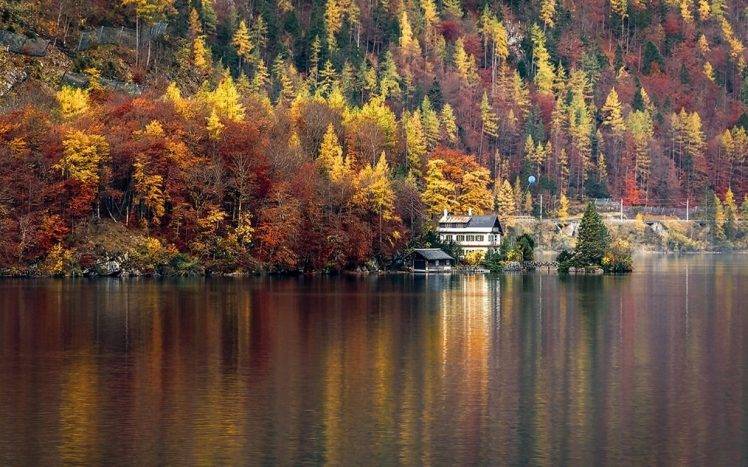 nature, Landscape, Lake, House, Forest, Hallstatt, Austria, Trees, Fall, Water, Colorful HD Wallpaper Desktop Background