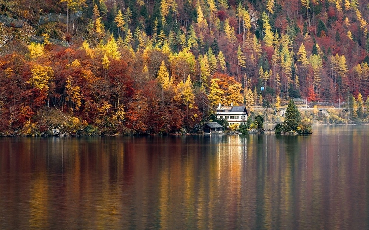 nature, Landscape, Lake, House, Forest, Hallstatt, Austria, Trees, Fall, Water, Colorful Wallpaper