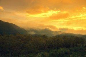 nature, Landscape, Sunset, Mountain, Clouds, Trees, Sky, Yellow, Mist