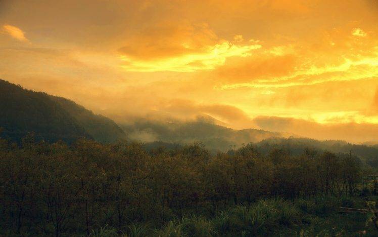 nature, Landscape, Sunset, Mountain, Clouds, Trees, Sky, Yellow, Mist HD Wallpaper Desktop Background