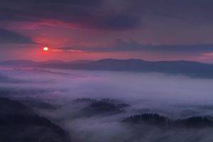 nature, Landscape, Purple, Sky, Mist, Mountain, Sunset, Forest, Clouds