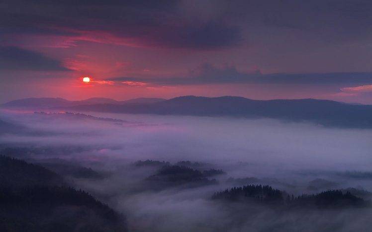 nature, Landscape, Purple, Sky, Mist, Mountain, Sunset, Forest, Clouds HD Wallpaper Desktop Background