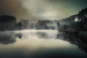 nature, Landscape, Lake, Mist, Clouds, Trees, Water, Dark, Reflection, Forest