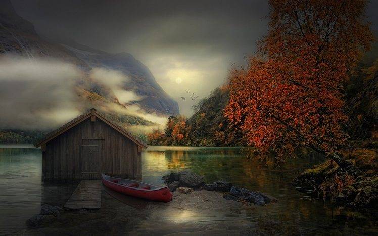 nature, Landscape, Boathouses, Trees, Lake, Birds, Flying, Clouds, Mountain, Fall, Mist, Atmosphere HD Wallpaper Desktop Background
