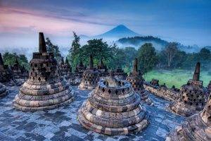 nature, Landscape, Buddhism, Temple, Indonesia, Sunrise, Mist, Volcano, Trees, Mountain, Grass