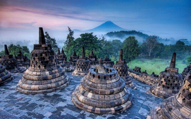 nature, Landscape, Buddhism, Temple, Indonesia, Sunrise, Mist, Volcano, Trees, Mountain, Grass HD Wallpaper Desktop Background