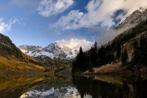 nature, Landscape, Lake, Mountain, Forest, Mist, Fall, Morning, Snowy Peak, Water, Reflection, Clouds, Colorado