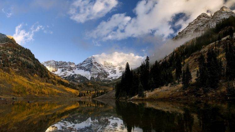 nature, Landscape, Lake, Mountain, Forest, Mist, Fall, Morning, Snowy Peak, Water, Reflection, Clouds, Colorado HD Wallpaper Desktop Background